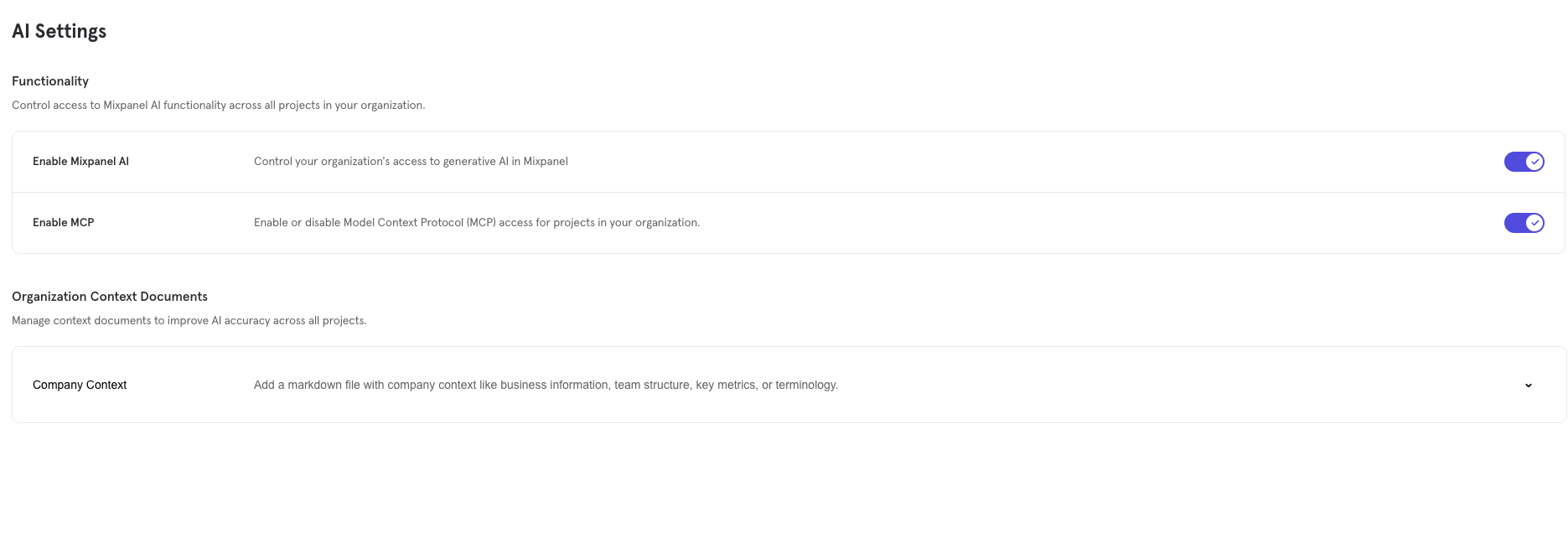 AI toggle in Mixpanel settings